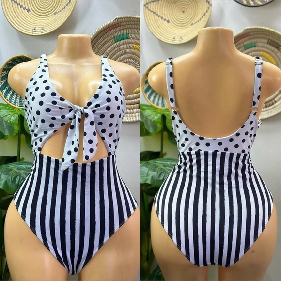 Pin-Up Polka Dot Striped Tie Front Keyhole Cheeky 1-Pc Swimsuit L White Black - Picture 3 of 15